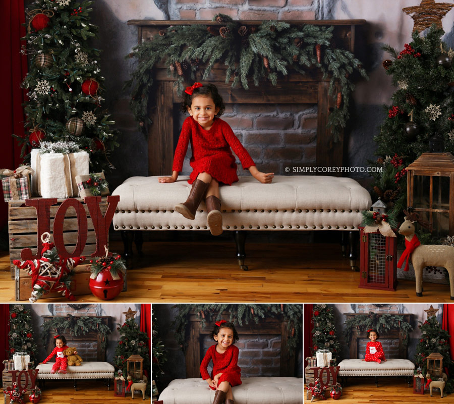 Douglasville Christmas mini session with a girl in a red dress in studio