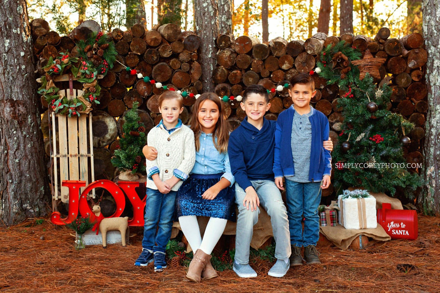 Newnan Christmas mini sessions, cousins outside in blue
