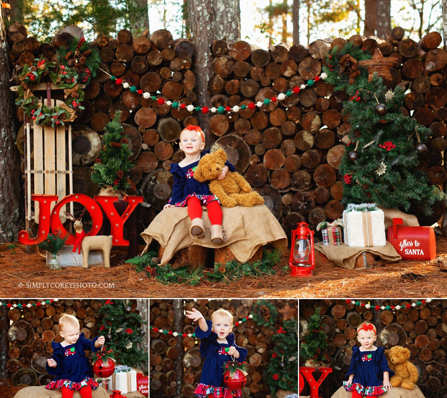 outdoor Atlanta Christmas mini sessions, baby girl with a teddy bear