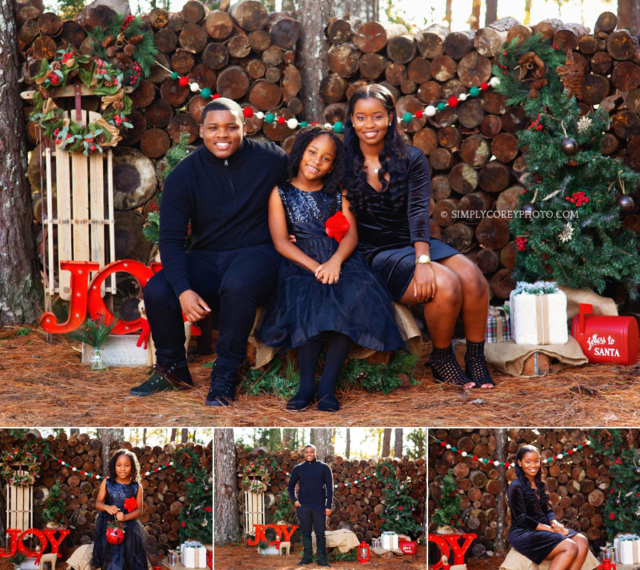 outdoor Atlanta Christmas mini sessions, siblings dressed up in black