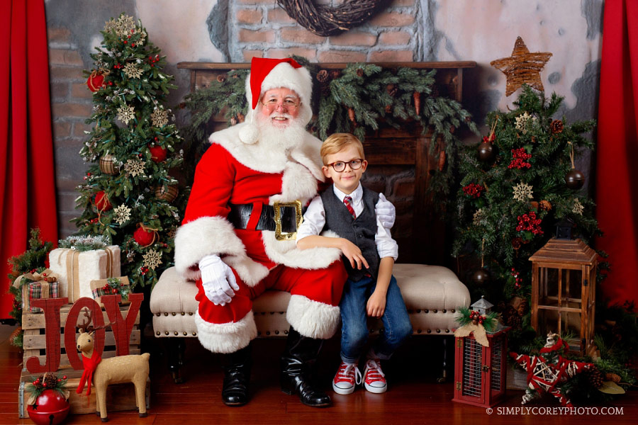 Atlanta Santa Claus mini sessions, boy with glasses and red shoes