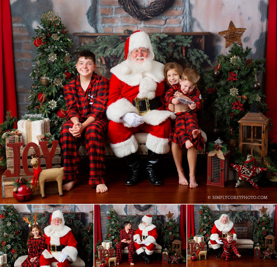 Carrollton Santa Claus mini sessions, siblings Mickey Christmas pajamas