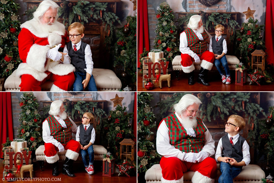 Douglasville Santa Claus mini sessions, boy with glasses talking to Santa