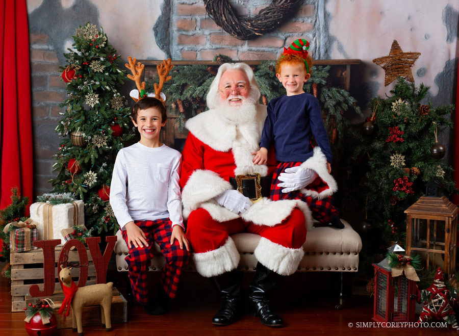 Newnan Santa Claus mini sessions, brothers with reindeer and elf hats
