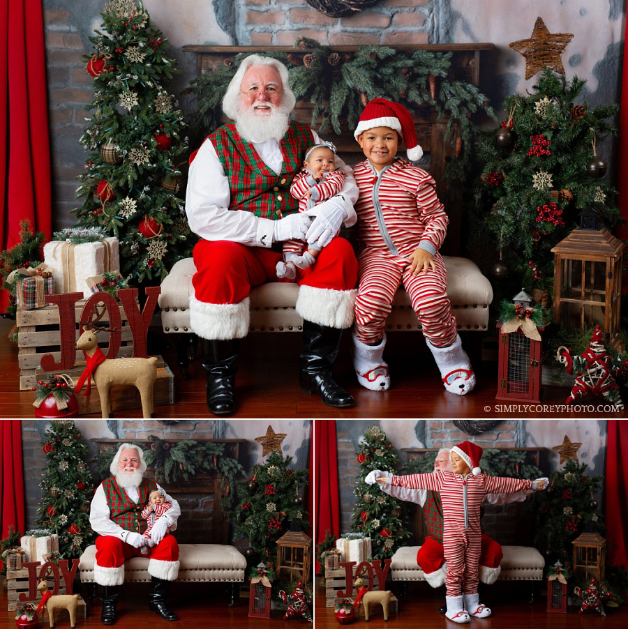 Newnan Santa Claus mini sessions, siblings in striped Christmas pajamas