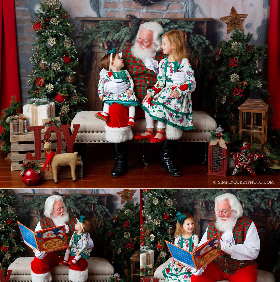 Santa Claus mini sessions Atlanta, sisters in matching Christmas dresses
