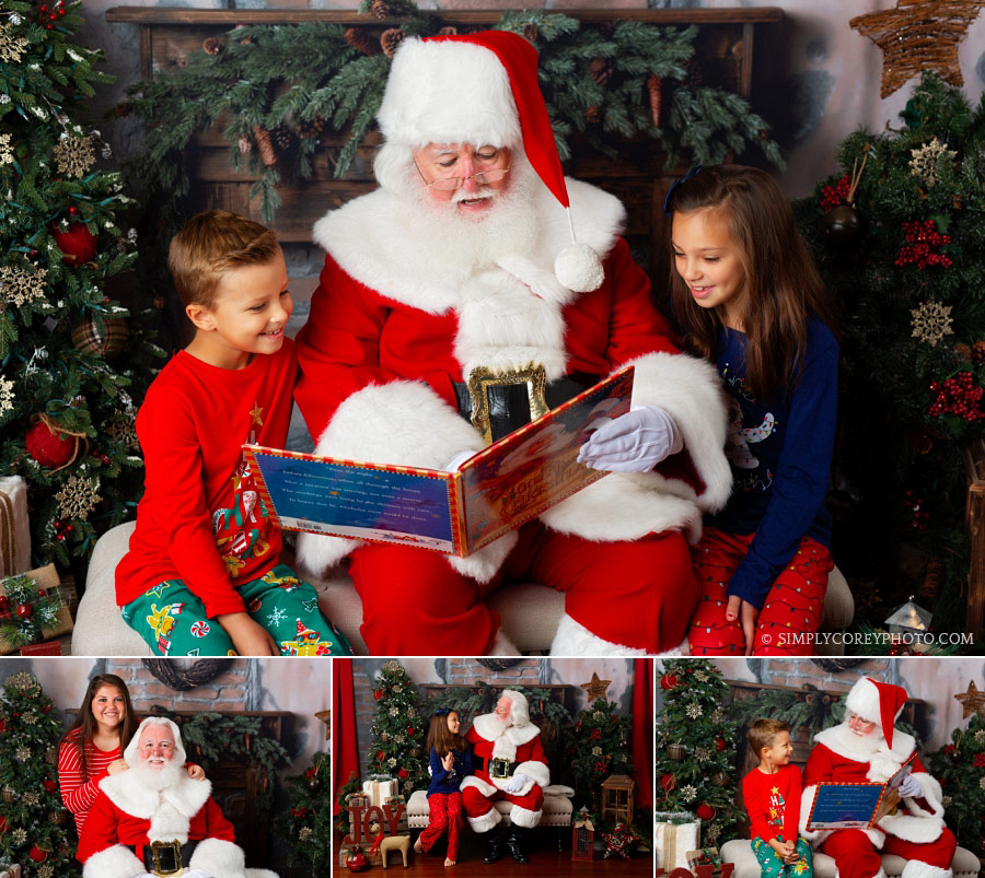Santa Claus mini sessions Carrollton, GA, siblings Christmas pajamas