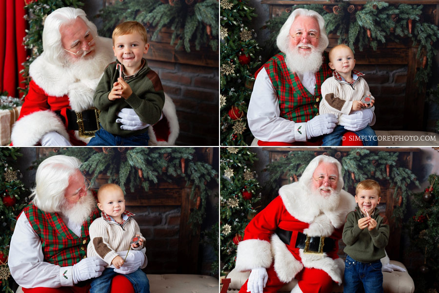 Santa Claus mini sessions Carrollton, Georgia, brothers with a candy cane
