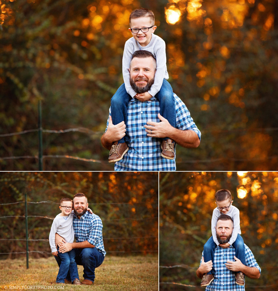 Carrollton family photographer, dad with son on shoulders outside