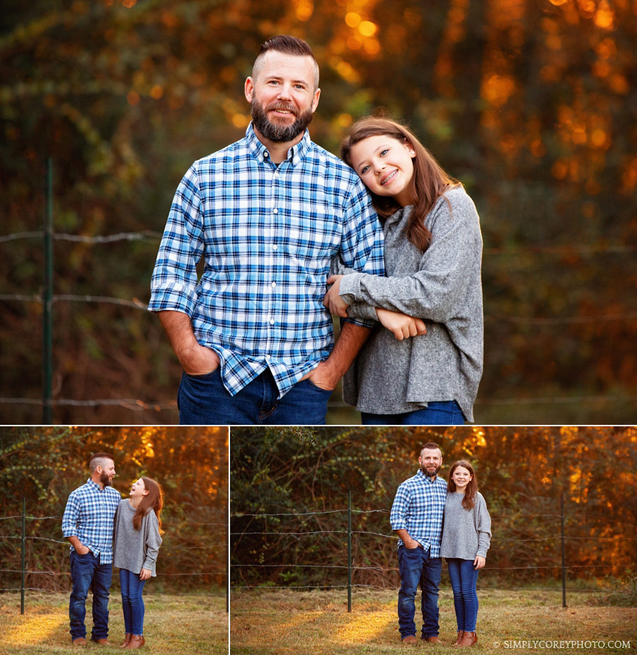 Newnan family photographer, dad and tween daughter outside