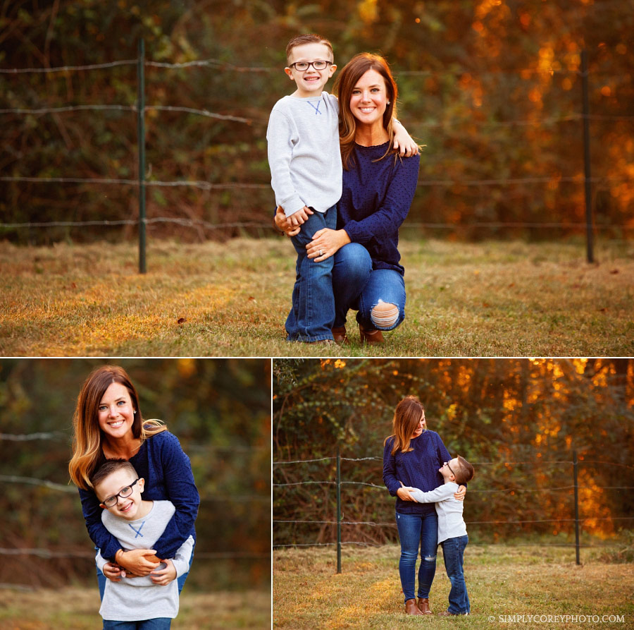 Villa Rica family photographer, mom and son hugging outside