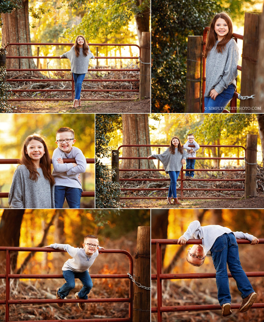West Georgia family photographer, kids on a country gate at golden hour