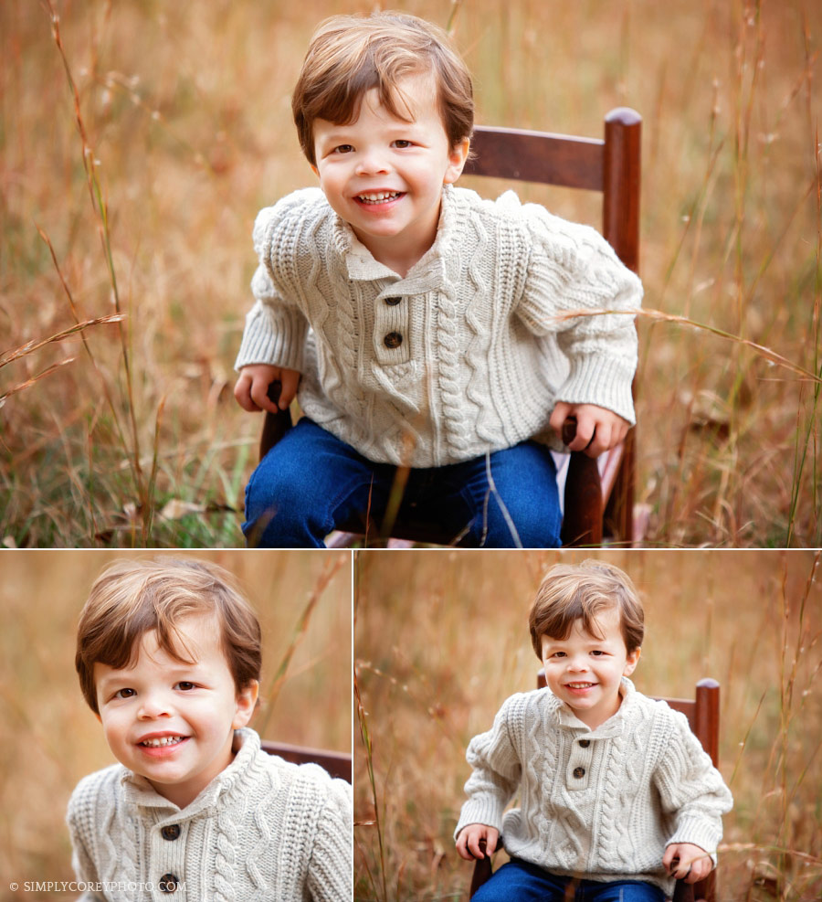 Carrollton children's photographer, boy in a rocking chair in golden grass