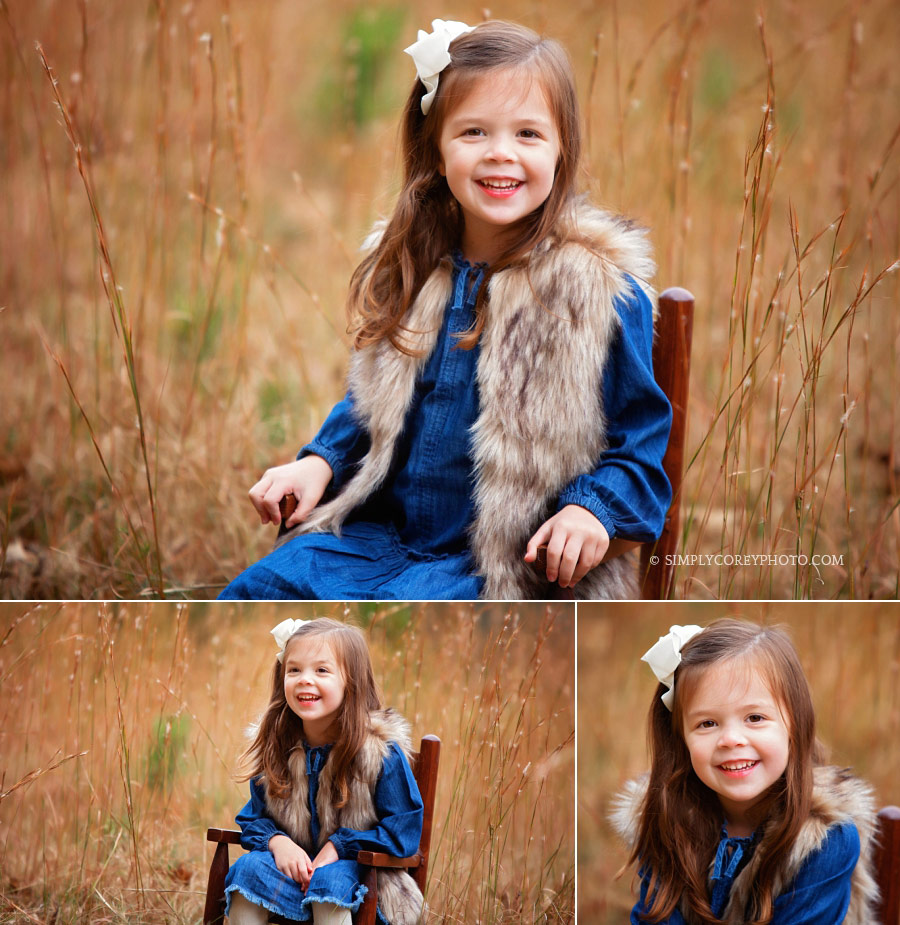 Douglasville children's photographer, girl with rocking chair in golden grass