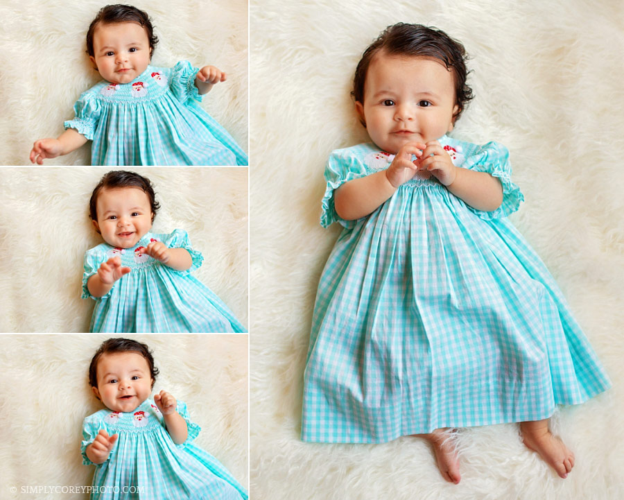 Newnan baby photographer, girl with lots of hair in a smocked dress