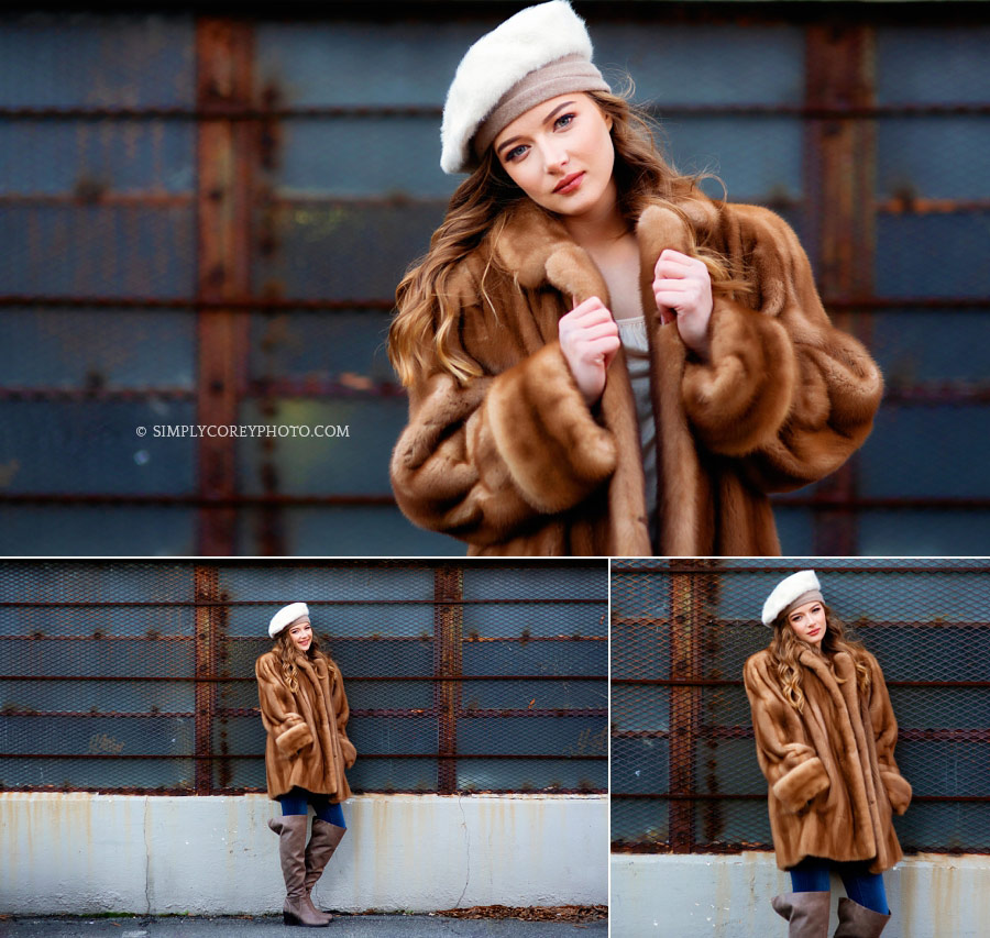 Bremen senior portraits of a teen in vintage fur downtown
