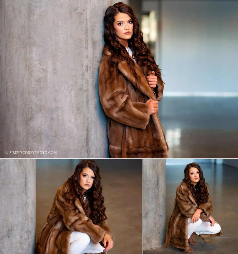 Carrollton senior portrait photographer, teen girl in a fur coat
