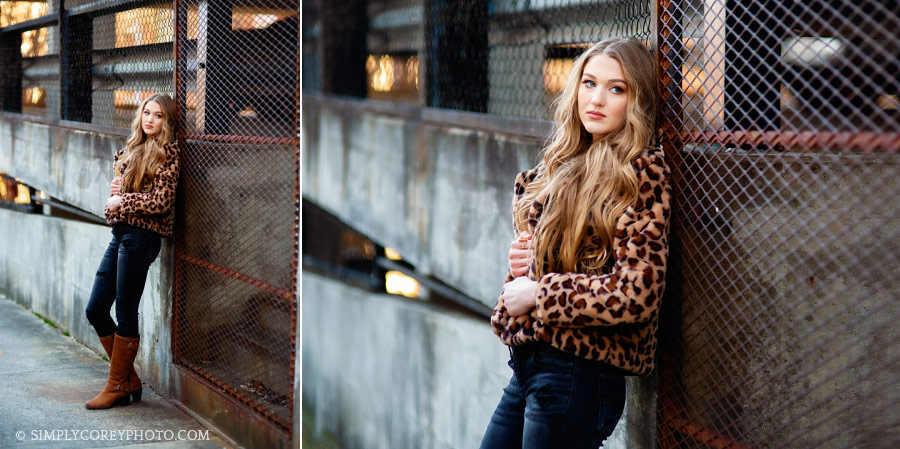 Villa Rica senor portraits of a teen girl in a leopard jacket downtown