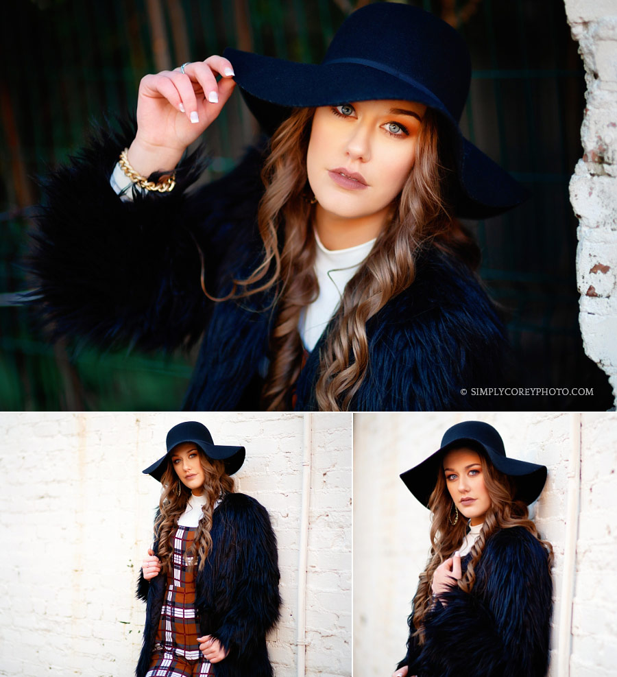 West Georgia senior portraits of a teen in a black hat and fur jacket