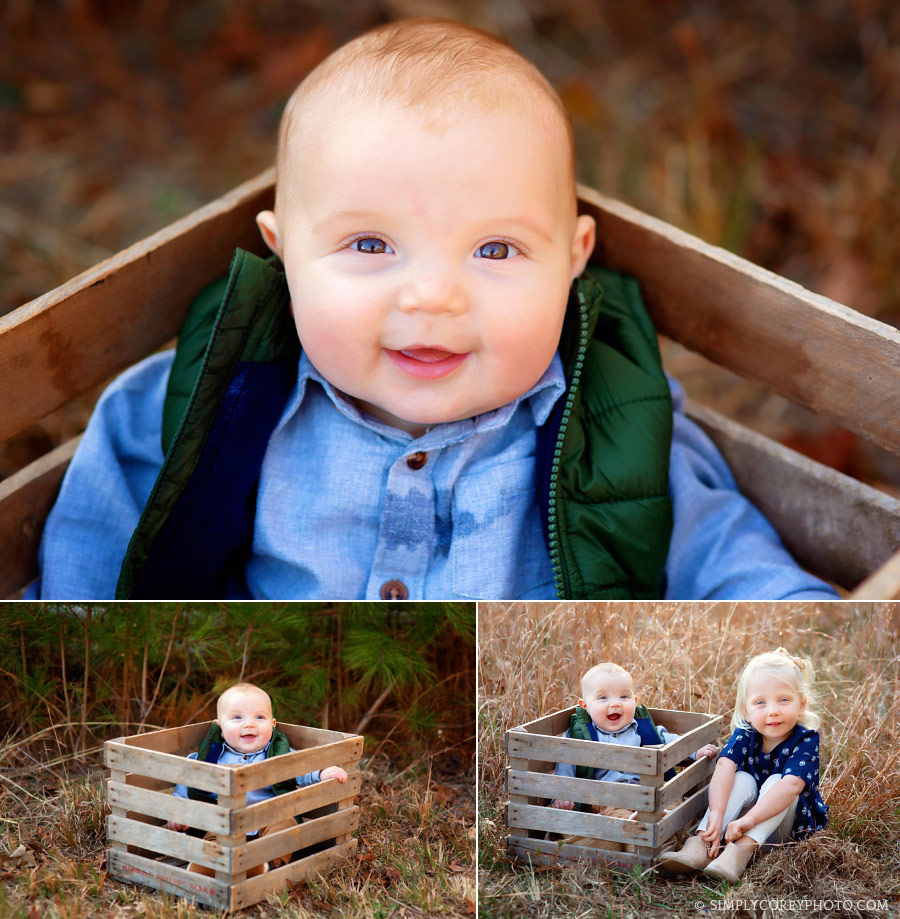 Atlanta baby photographer, outside photos in a crate with older sister 