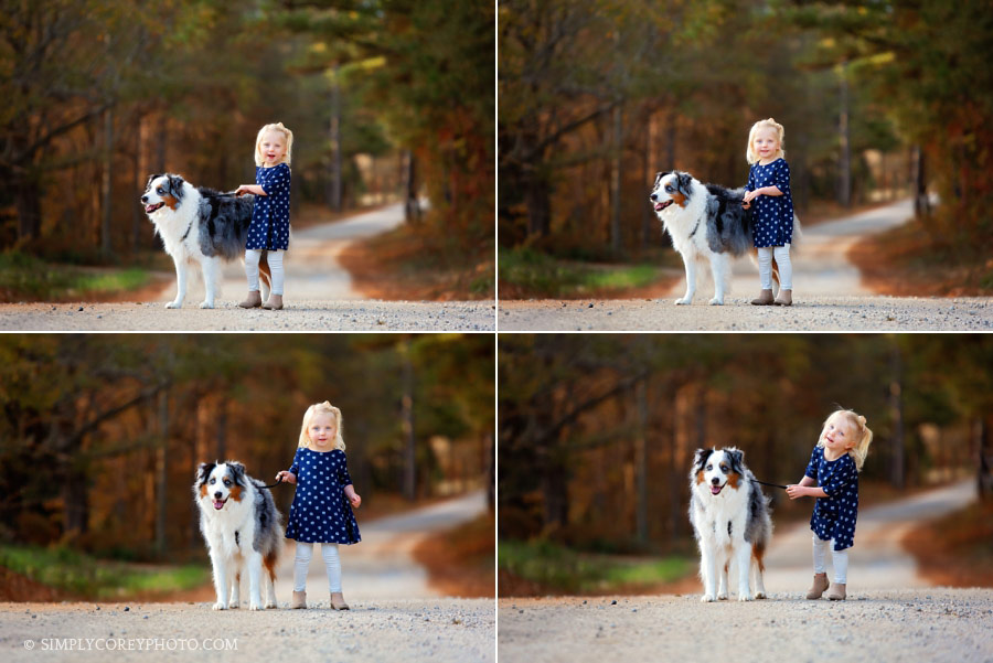 Newnan children's photographer, child with pet dog on a country road