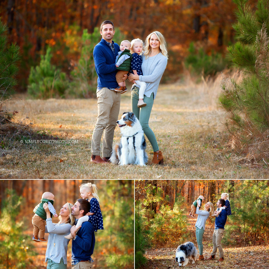 Villa Rica family photographer, fall portraits outside with dog