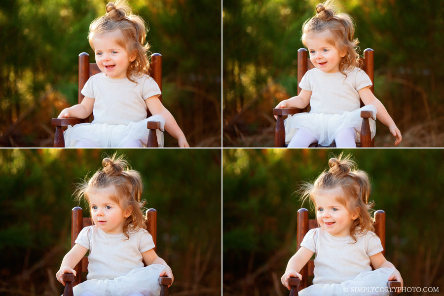 Carrollton baby photographer, toddler outside in wooden chair