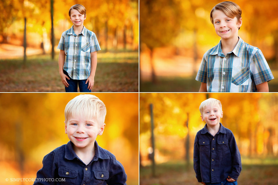 Douglasville family photographer, kids outside with yellow fall leaves