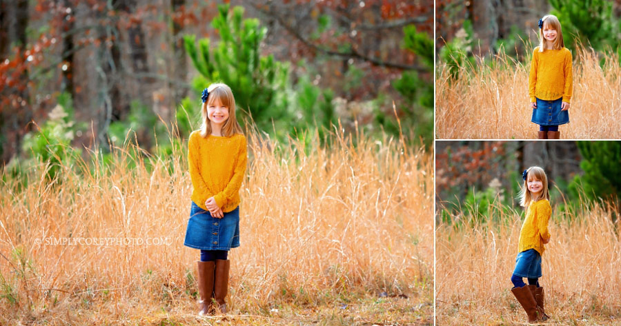Carrollton children's photographer, child outside in golden grass