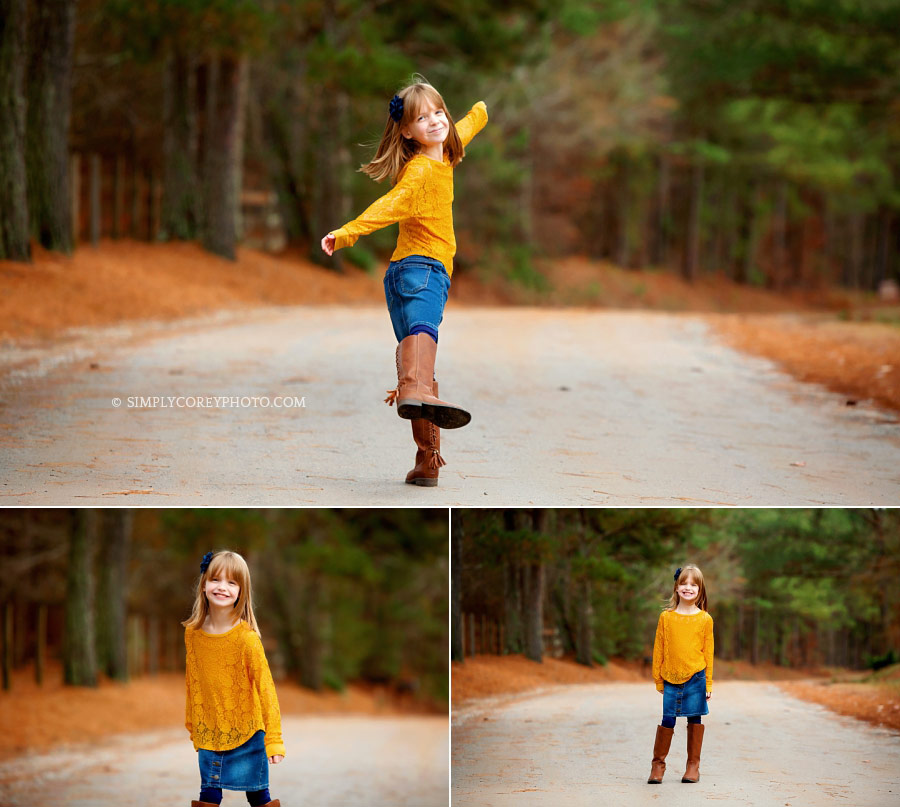 Douglasville photographer, child dancing on dirt road