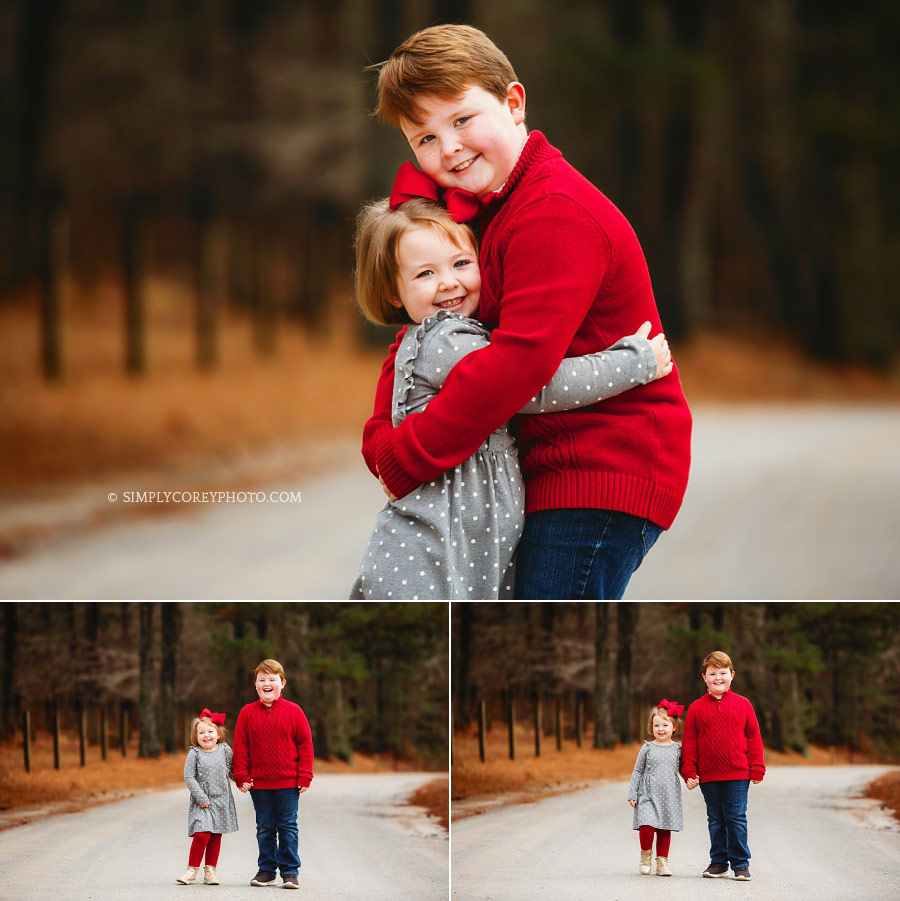 Villa Rica family photographer, brother and sister hugging outside