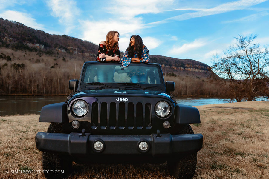 Atlanta senior portraits, teen friends in a jeep with a blue sky