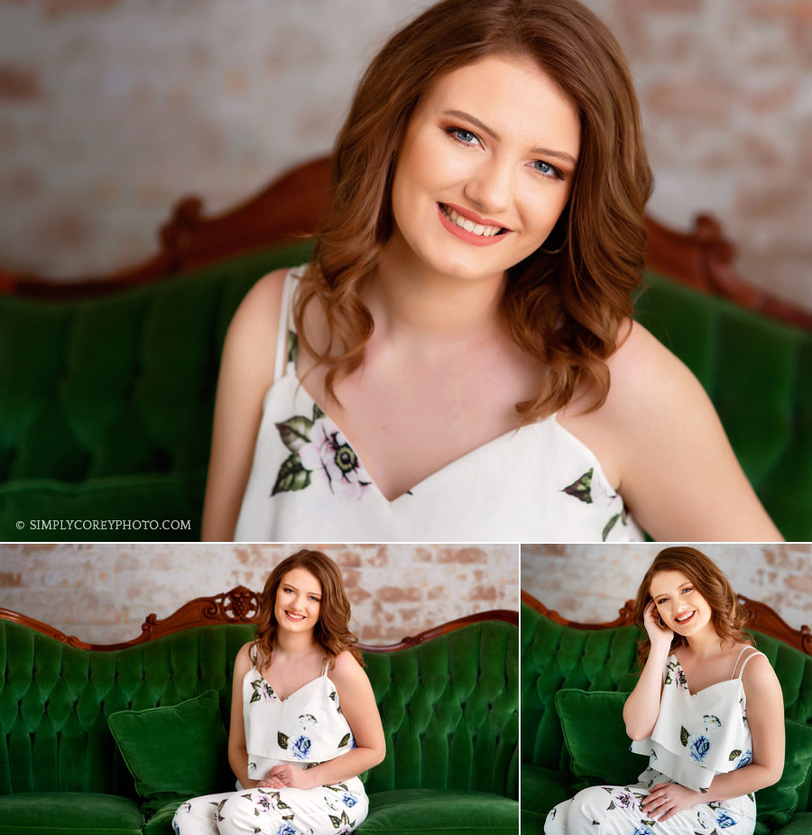 Carrollton senior portraits, teen girl on a green couch in studio
