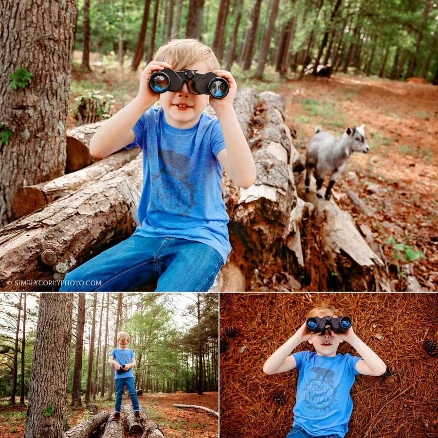 Carrollton children's photographer, child playing outside with binoculars