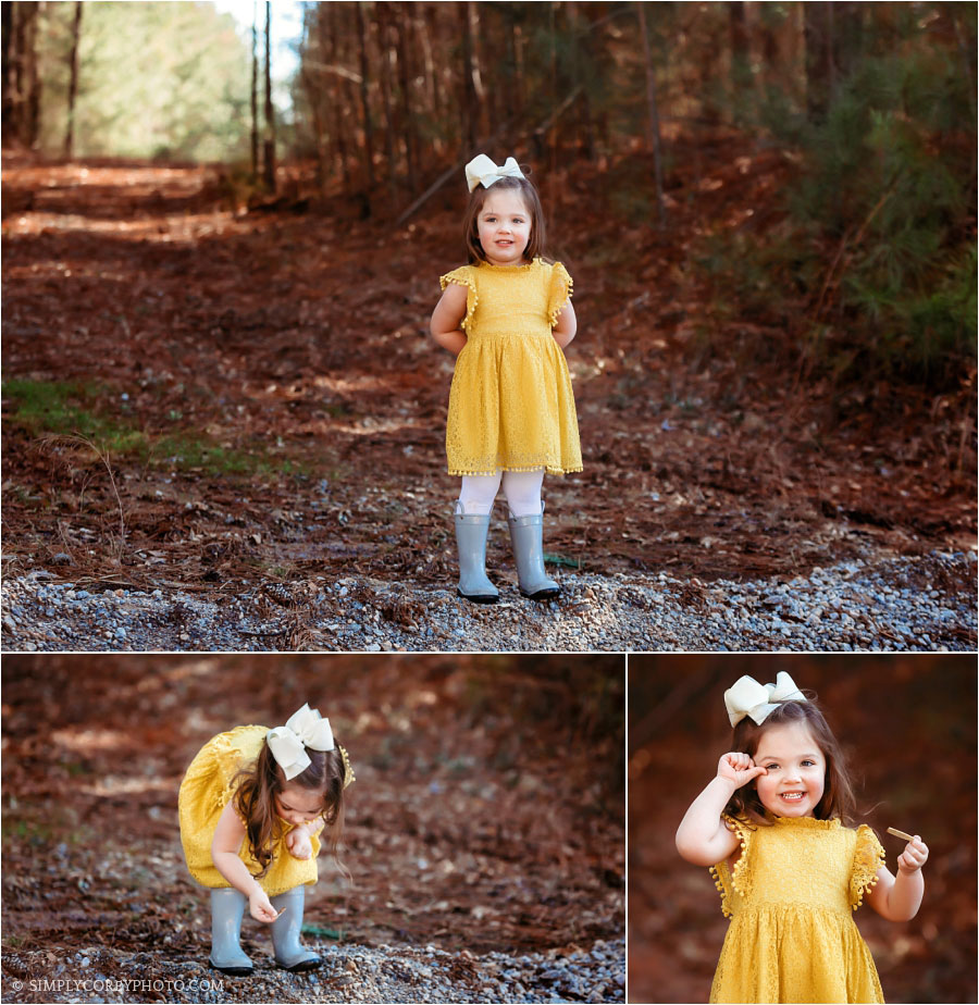 child photographer Douglasville, girl exploring outside in a yellow dress