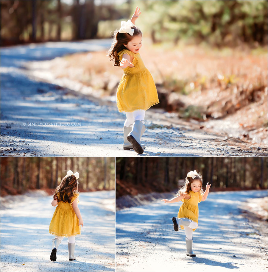 children's photographer Atlanta, girl dancing outside with shadow