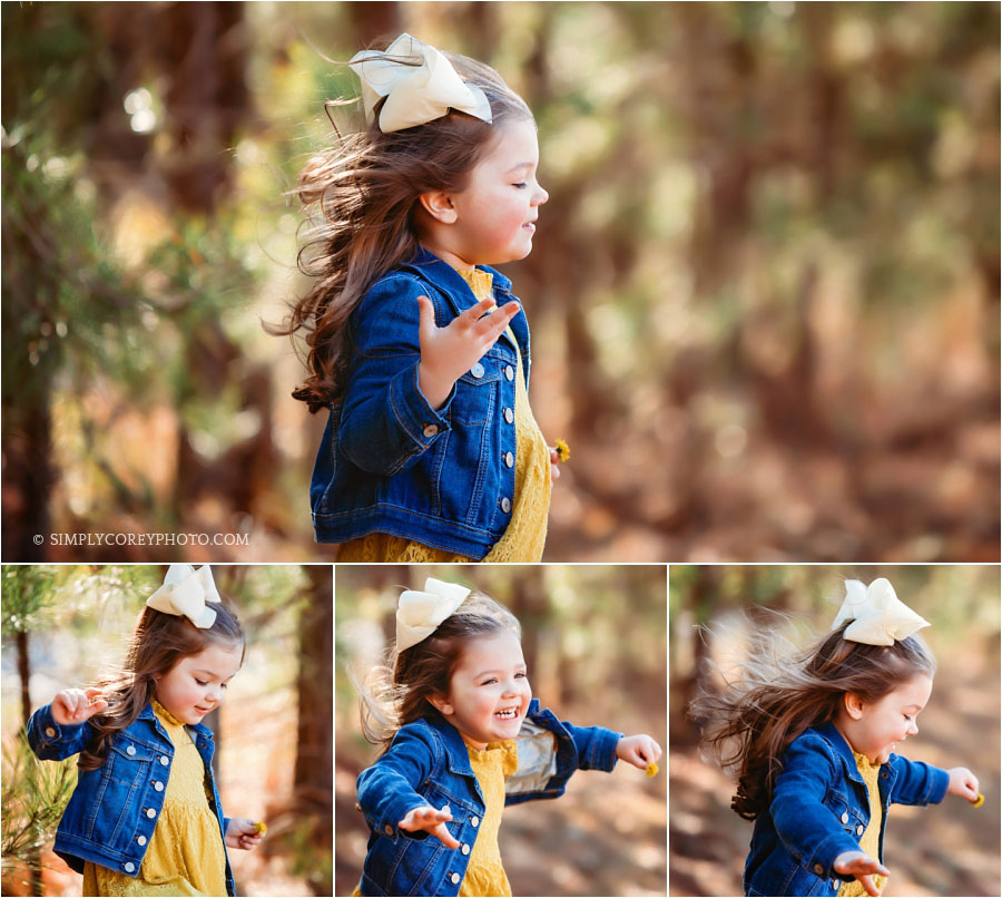 Newnan children's photographer, girl with wind blowing through hair outside