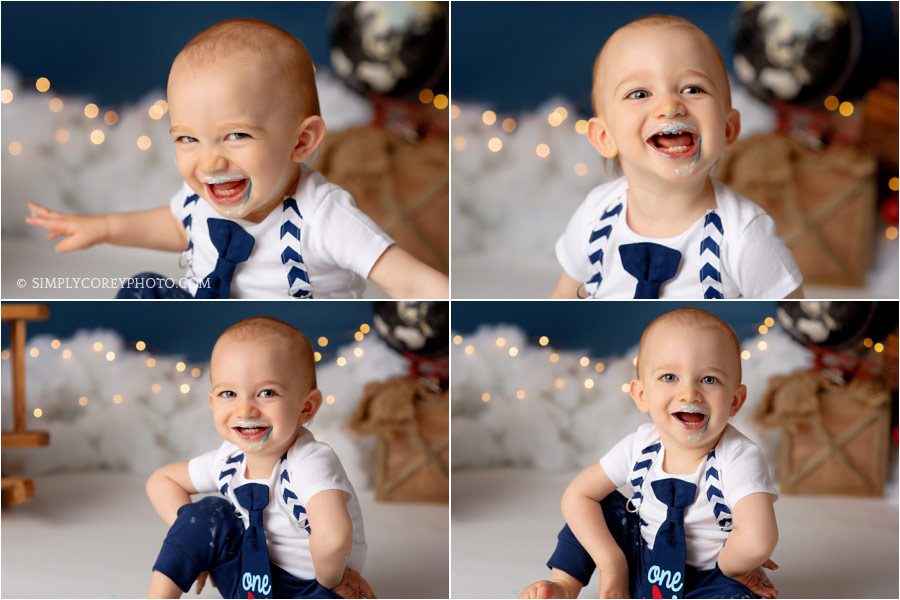 Atlanta baby photographer, boy smiling expressions during a cake smash session