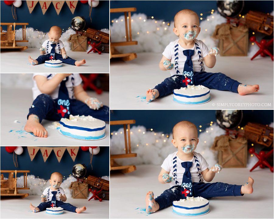 Newnan cake smash photographer, baby eating cake with an airplane theme