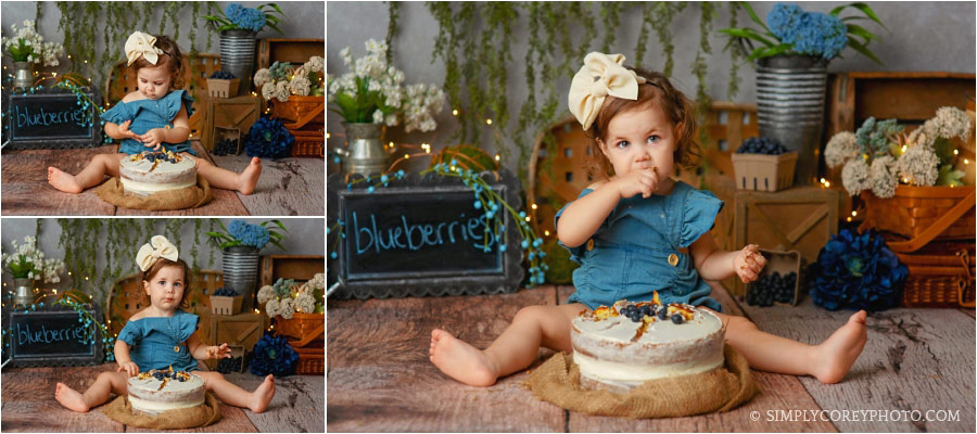 cake smash photographer Douglasville, toddler with a blueberry cake theme