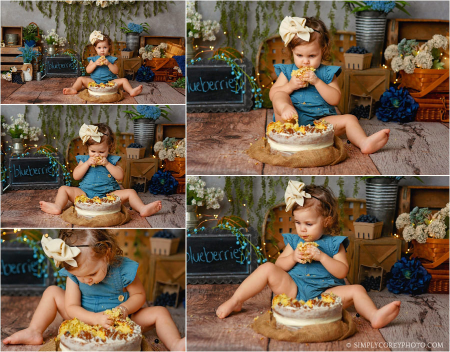 cake smash photographer in West Georgia, baby eating blueberry cake