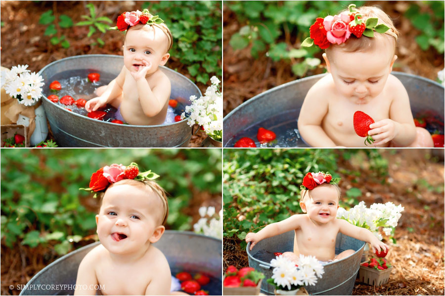 Bremen baby photographer, outdoor strawberry bath in tub