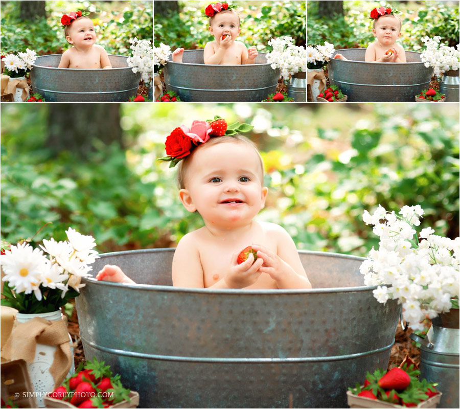 Douglasville baby photographer, strawberry bath session outside