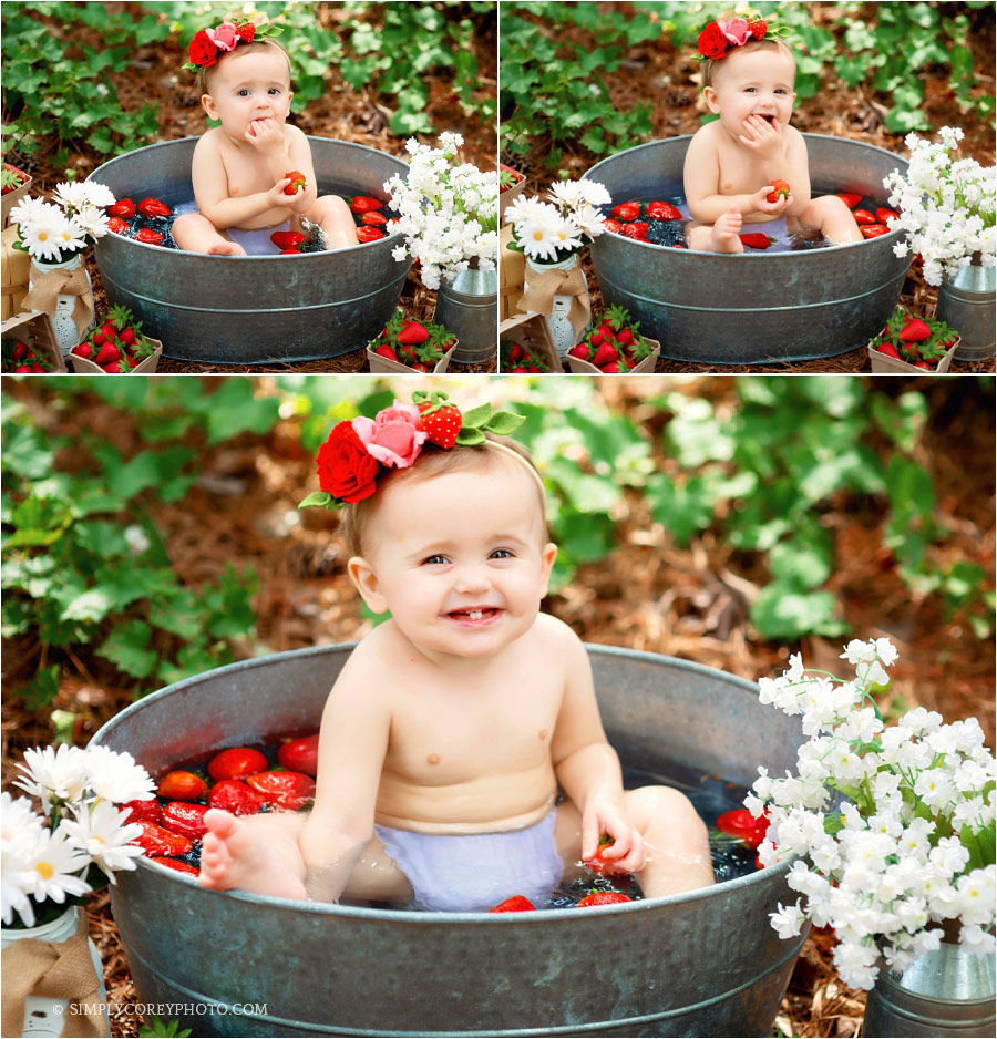 Newnan baby photographer, girl smiling in strawberry bath