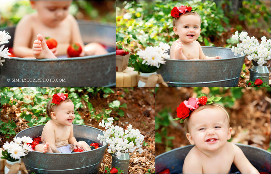 Villa Rica baby photographer, strawberry bath outside with daisies