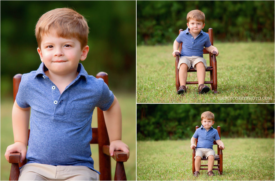 West Georgia children's photographer, boy on rocking chair outside