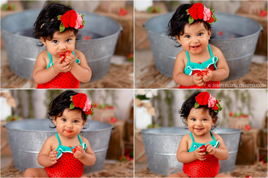 baby photographer Carrollton, Georgia; expressions during a strawberry bath session