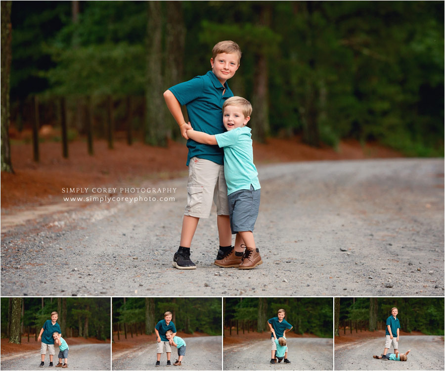 Carrollton family photographer, kids hugging and being silly