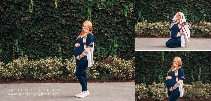maternity photographer near Douglasville, mom in Atlanta Braves jersey