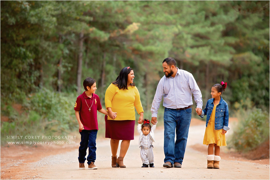 Atlanta family photographer, walking on dirt road with 3 kids